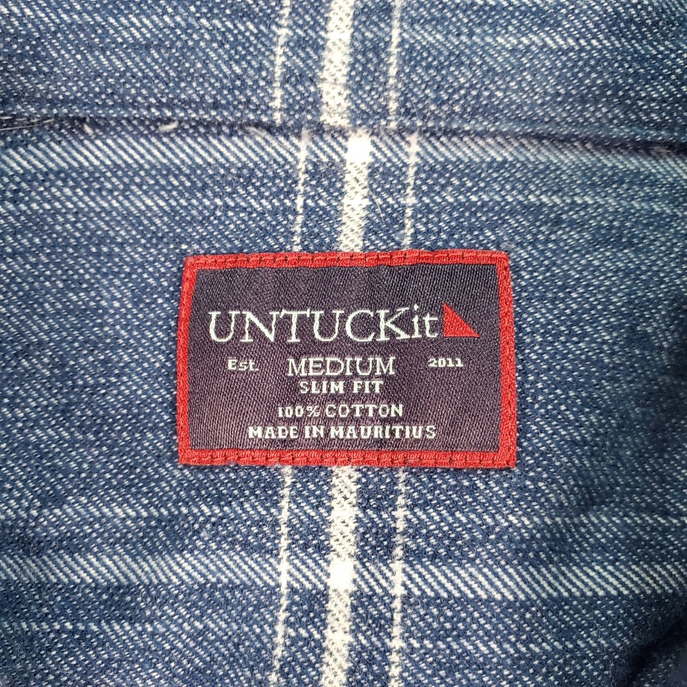 UNTUCKit Mens Slim Fit Blue White Plaid Flannel Button Down Shirt Medium - Picture 2 of 6